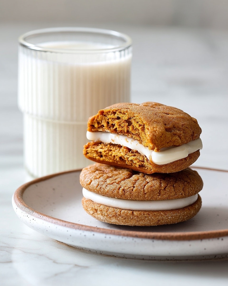 Two sandwich cookies with light brown, slightly rough textured outer layers sit stacked on a white plate with a speckled rim. Each cookie has a middle layer of smooth, white cream. The top cookie has a bite taken out, showing the soft inside texture and the cream center. Behind the cookies is a clear glass filled almost to the top with white milk. The background is a white marbled surface. photo taken with an iphone --ar 4:5 --v 7