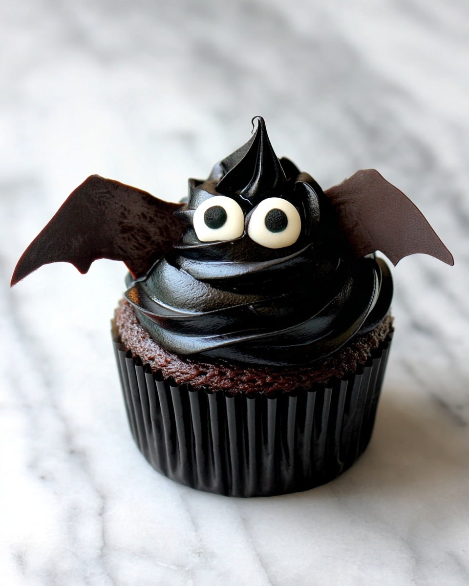A single chocolate cupcake in a black wrapper sits on a white marbled surface, topped with thick, smooth, shiny black frosting swirled high into a peak. Two round white candy eyes with black centers are placed near the top center of the frosting. On each side of the cupcake, a flat, matte black chocolate wing sticks out, shaped like bat wings with jagged edges. The overall look creates a cute bat design. Photo taken with an iphone --ar 4:5 --v 7