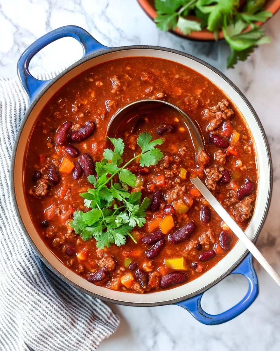 A close-up of a large white pot with blue handles filled with thick chili. The chili is richly textured with visible layers of dark red kidney beans, small pieces of meat in brown color, and orange and yellow chunks of bell peppers mixed in a deep red sauce. A shiny silver ladle partly scoops the chili inside the pot. The pot is set on a white marbled surface with a striped cloth nearby and fresh green cilantro leaves in a small brown bowl at the top right corner. Photo taken with an iphone --ar 4:5 --v 7