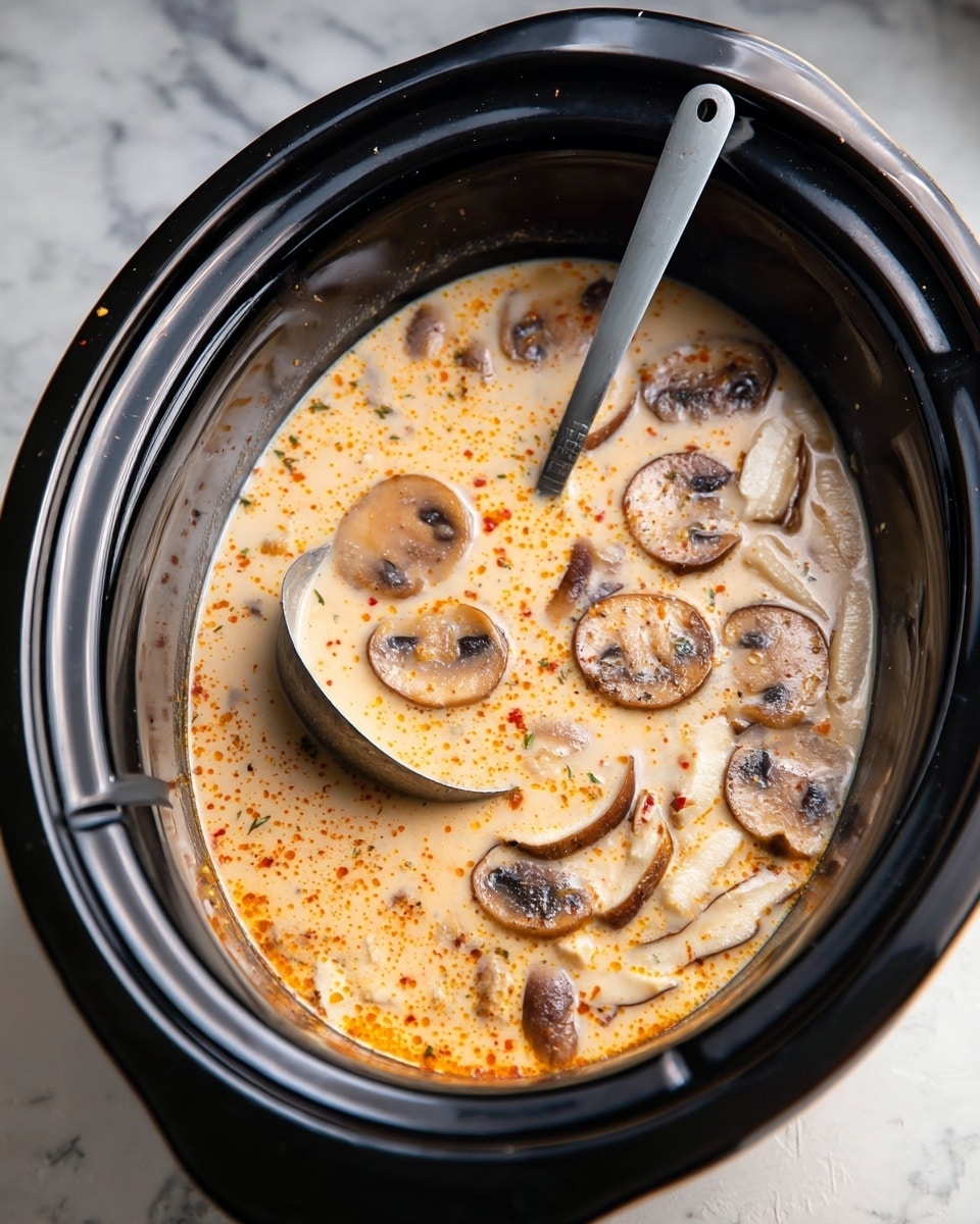 A close-up top view of a black slow cooker filled with creamy soup that has many slices of light beige and brown mushrooms floating on top. The soup is light tan with orange specks of seasoning scattered throughout. A silver ladle rests inside the slow cooker, partially submerged in the soup, showing the smooth texture of the broth and the soft, tender mushrooms. The cooker is placed on a white marbled surface. photo taken with an iphone --ar 4:5 --v 7