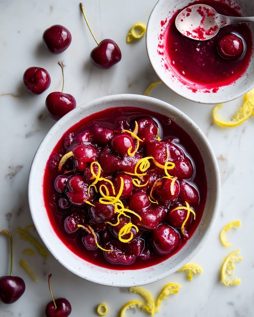 The image shows a white bowl filled with a glossy layer of deep red cranberries mixed in thick sauce. Small whole cranberries and some broken pieces create a textured, chunky surface. Thin, bright yellow strips of lemon zest are sprinkled on top, adding contrast and detail against the red. A silver spoon is partly visible inside the bowl on the left side. The bowl sits on a white marbled surface with a few scattered lemon zest strips nearby. The overall look is fresh and vibrant, with the rich red color as the main focus photo taken with an iphone --ar 4:5 --v 7