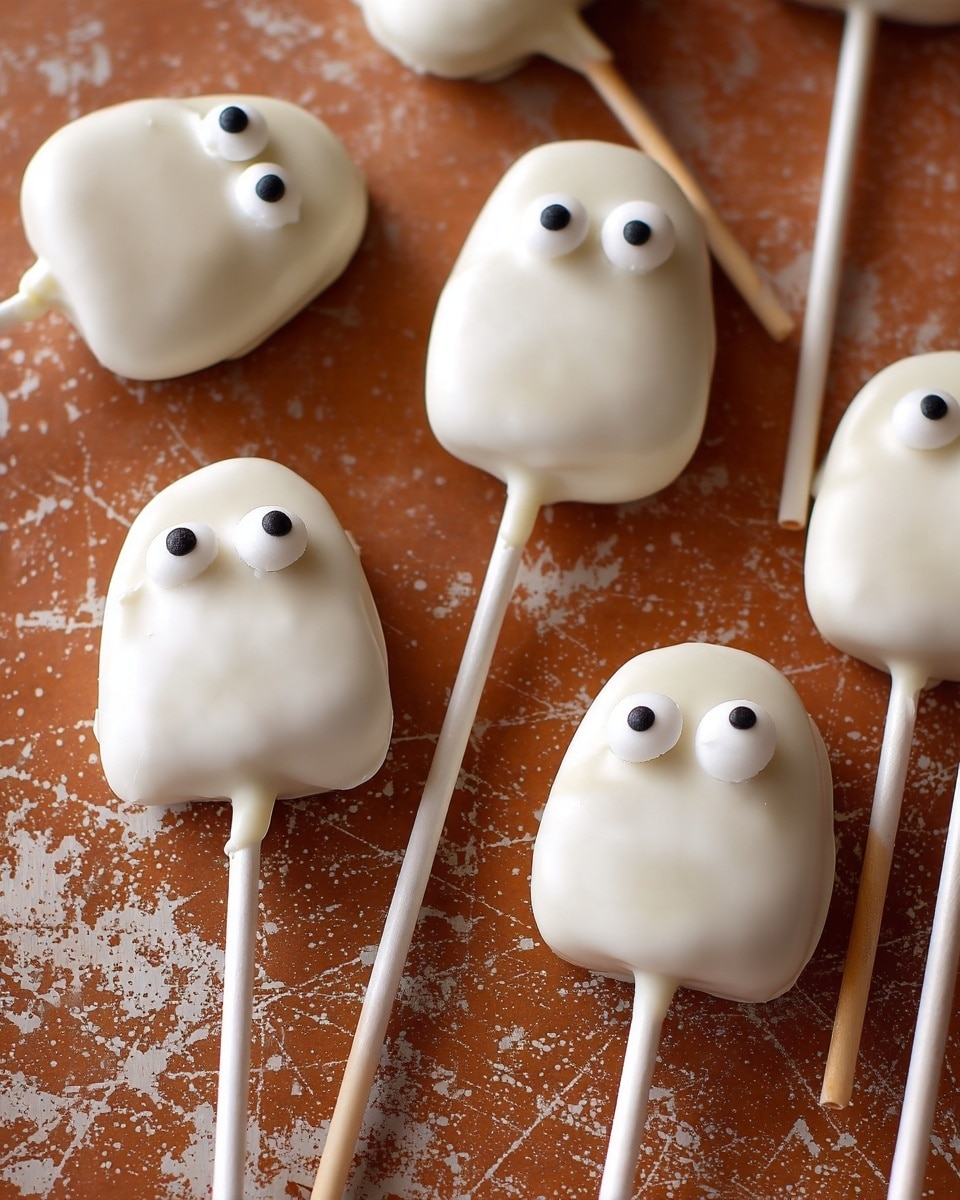 The image shows several ghost-shaped cake pops with smooth white coating, arranged on a brown textured surface with white marks. Each ghost has two large round white eyes with smaller black dots in the center, placed near the upper part of the candy. The cake pops are on white sticks extending from the bottom. The shapes are rounded at the top with a slightly wider bottom, giving a cute and simple ghost look. The overall color is mostly white with black and white eye details, and the brown background adds contrast. photo taken with an iphone --ar 4:5 --v 7