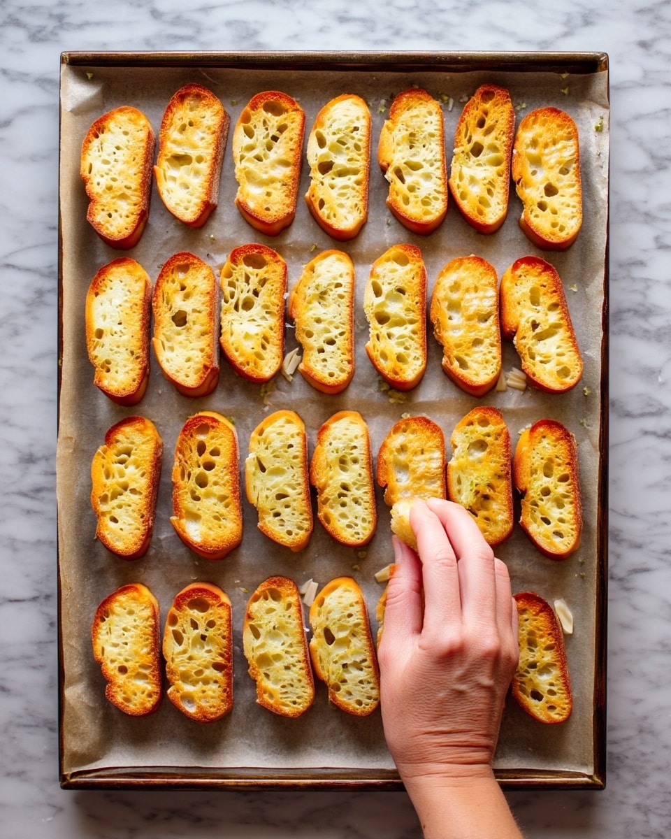 A woman's hand is rubbing a clove of garlic over golden toasted baguette slices arranged in neat rows on a baking tray lined with parchment paper. The baguette slices have a crunchy texture with small holes and a light golden brown color on top, while their edges are crisp and slightly darker. The parchment paper underneath shows some browning from toasting. The scene is set on a white marbled surface. Photo taken with an iphone --ar 4:5 --v 7
