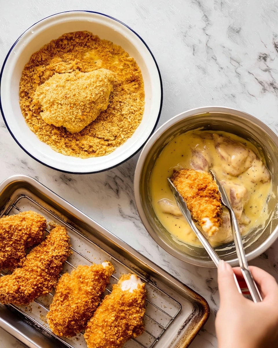 The image shows three containers on a white marbled surface. In the top right, there is a white bowl filled with golden-brown bread crumbs, with one piece of breaded chicken resting on top. On the bottom left, a metal bowl contains raw chicken pieces coated in a creamy, pale yellow sauce being held by a pair of tongs. To the right of the metal bowl, there is a metal tray with a single breaded chicken piece placed on it. A woman's hand is seen holding the tongs inside the metal bowl. photo taken with an iphone --ar 4:5 --v 7
