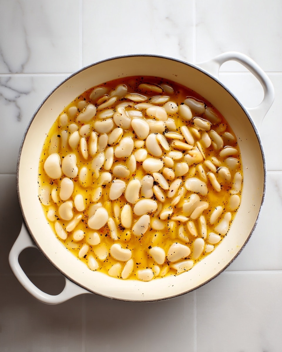 The image shows a white round pot filled with a single layer of large, white beans in a golden-yellow broth with visible spices, floating evenly across the surface. The pot is resting on a white marbled surface, and the beans create a smooth, uniform texture with slight glistening from the broth. The pot has two white handles on each side, and the photo is taken from above, showing the full top view of the dish. photo taken with an iphone --ar 4:5 --v 7
