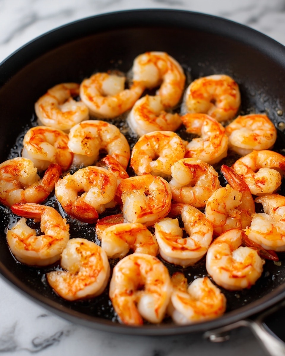 The image shows a black frying pan filled with many pieces of cooked shrimp. The shrimp are arranged close together in the pan, each curled into a