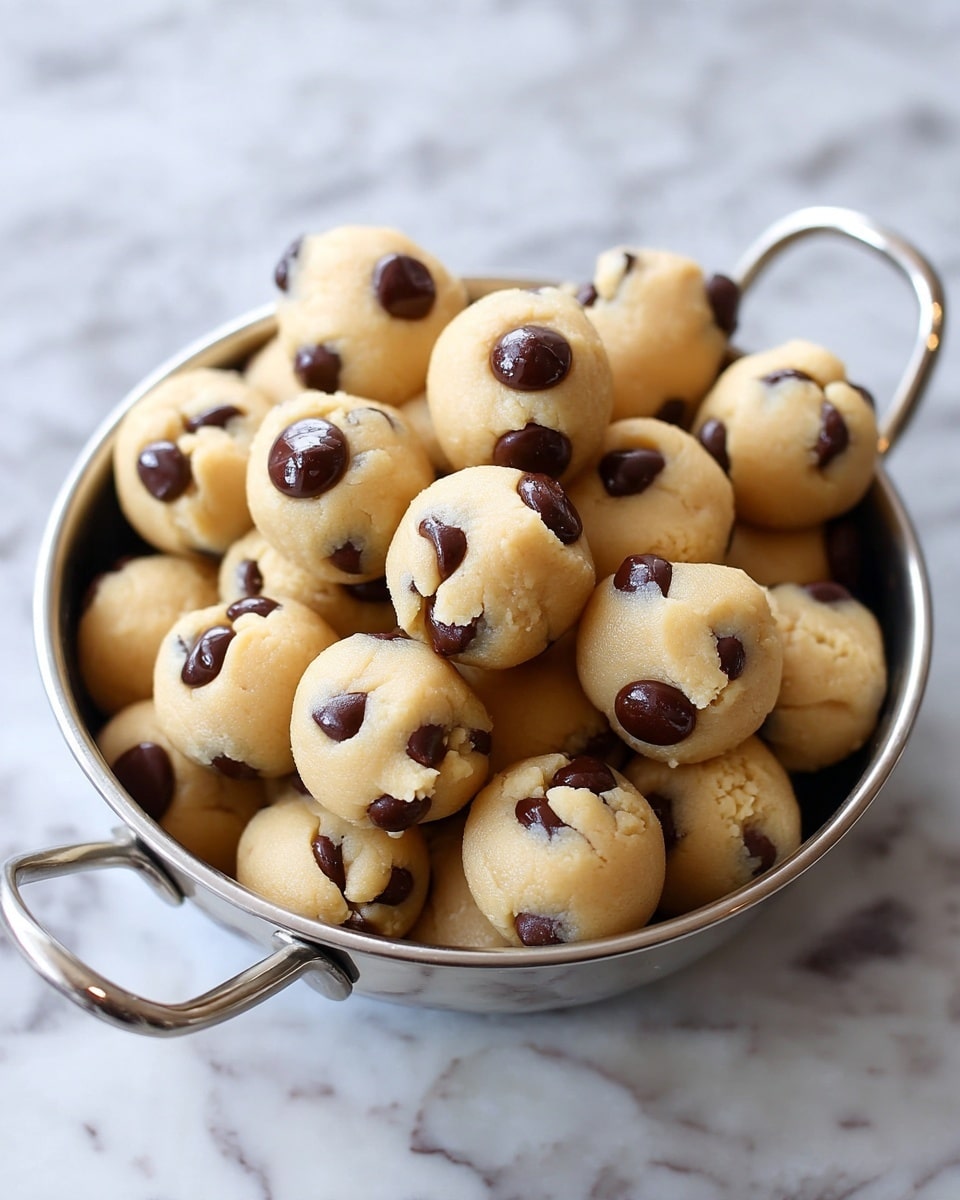 The image shows a group of round, light beige cookie dough balls studded with shiny dark brown chocolate chips, scattered on a white marbled surface. There are ten cookie dough balls arranged in the foreground and middle ground, each with a soft, slightly cracked texture and visible chocolate chips on top and around the sides. Behind the cookies are three small potted plants with green leaves in light brown pots, adding a fresh and natural touch to the scene. The photo taken with an iphone --ar 4:5 --v 7