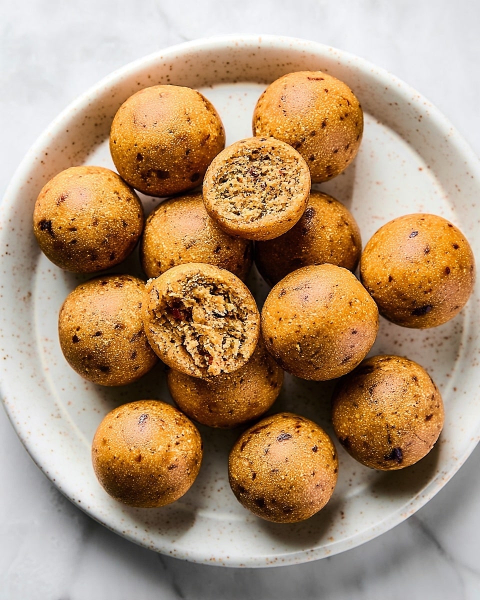 A close-up image shows a round white plate filled with about a dozen light brown energy balls. Each ball has a rough, grainy texture with small dark brown specks unevenly spread all over the surface. The balls are stacked in a loose pile, with the front ones sharply in focus and the back ones more blurred. The plate sits on a surface with a white marbled pattern. Photo taken with an iphone --ar 4:5 --v 7