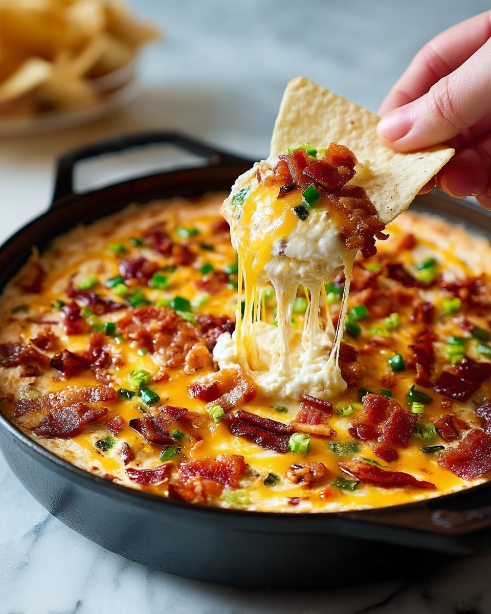 A close-up view of a round black skillet filled with a creamy cheese dip that is the base layer, topped evenly with melted cheddar and mozzarella cheese creating a smooth, slightly golden layer. Scattered on top are pieces of crisped red bacon and small chopped green peppers, adding texture and color contrast over the cheese. A woman's hand with red-painted nails holds a white tortilla chip dipped into the hot, stretchy cheese, with several cheese strands pulling back toward the skillet. The skillet sits on a white marbled surface, and a glass of light golden drink is partially visible in the background, photo taken with an iphone --ar 4:5 --v 7
