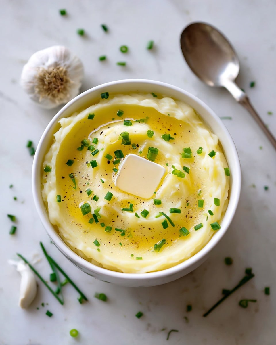 A white bowl filled with creamy mashed potatoes that have a smooth and slightly chunky texture, topped with two small slices of butter melting gently on top. Bright green chopped chives are scattered over the mashed potatoes, adding color and freshness. The bowl sits on a white marbled surface, with cloves of garlic and an old metal spoon nearby, creating a simple and cozy feel. Photo taken with an iphone --ar 4:5 --v 7