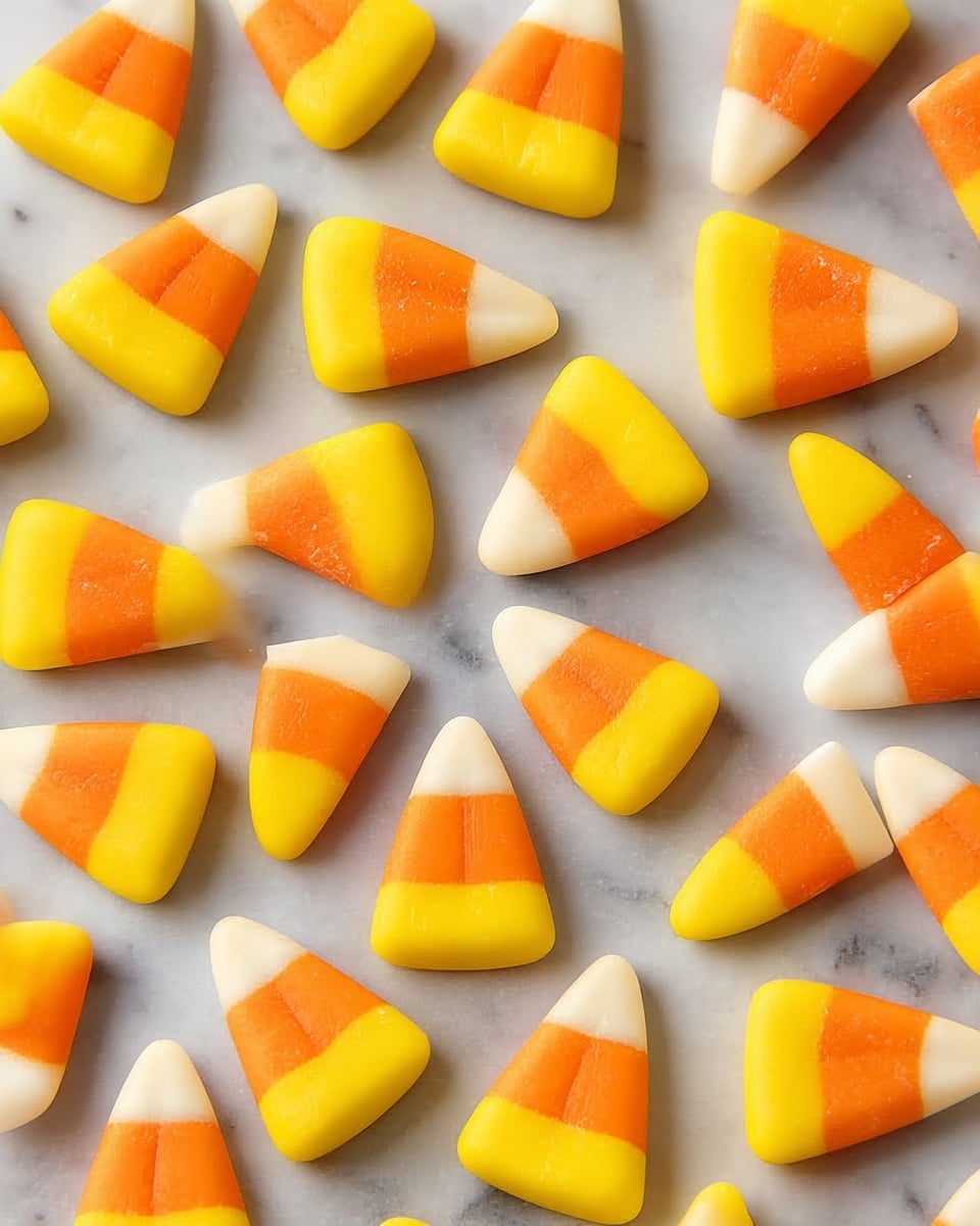 The image shows many small candy pieces shaped like triangles, each with three colored layers: a white top layer, a middle orange layer, and a yellow bottom layer. The candies are placed scattered on a white marbled surface, evenly spaced with some tilted in different directions, showing their smooth texture and bright colors. photo taken with an iphone --ar 4:5 --v 7