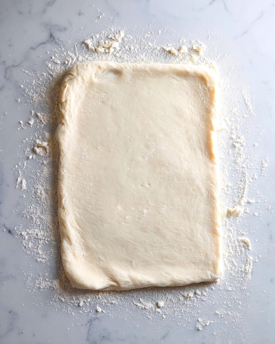 A smooth, flat, rectangular sheet of pale dough lies on a white marbled surface with a light sprinkle of flour around the edges. The dough has slight uneven edges and appears soft and slightly thick, with a few tiny dimples and small bits of excess dough scattered nearby. The texture looks smooth but not glossy, with the white marbled surface faintly visible underneath. photo taken with an iphone --ar 4:5 --v 7