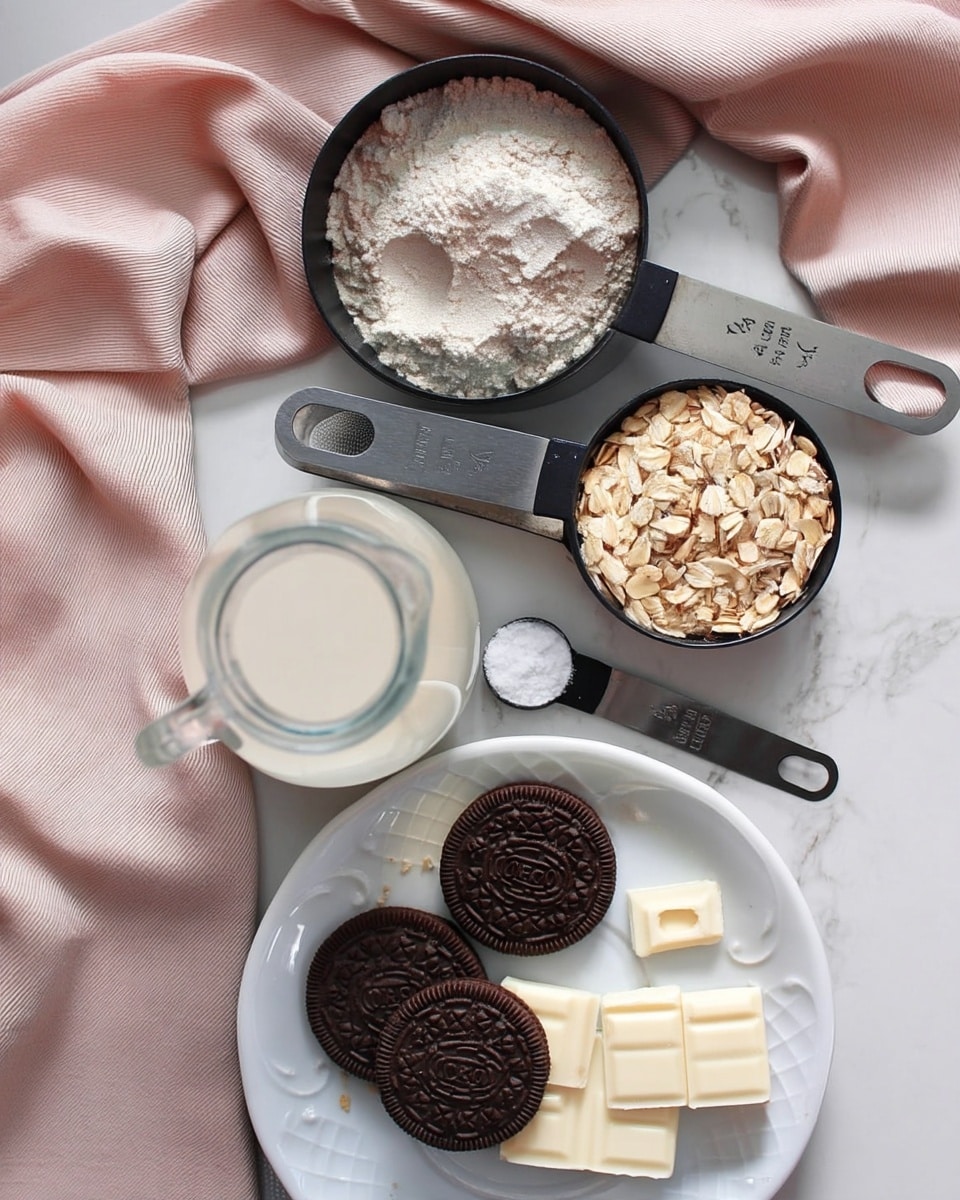 The image shows a top-down view of baking ingredients arranged on a white marbled surface. There are two black measuring cups with metal handles placed diagonally; the larger one at the top holds a light brown flour with a soft powdery texture, while the smaller one beneath it contains light beige rolled oats with a rough texture. Below these cups is a clear glass jar filled with a creamy white liquid. A small black measuring spoon with a metal handle lies horizontally, holding a white powder, likely salt. In the foreground, a white plate holds two round chocolate sandwich cookies with visible patterns and the word