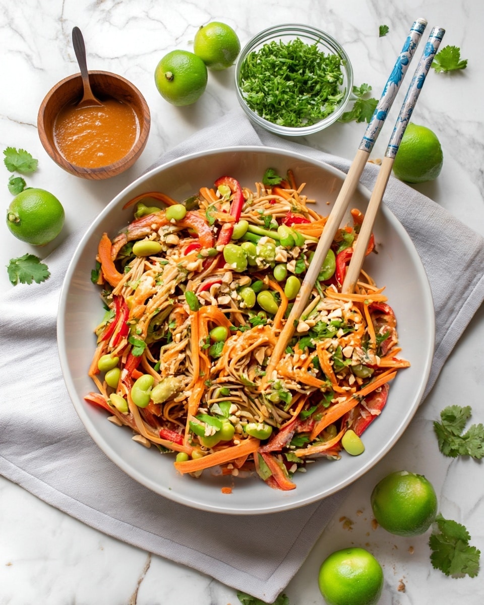 A white wide bowl holds a colorful noodle salad made of three main layers: at the bottom, thin brown noodles form the base; mixed throughout and on top are bright orange carrot sticks and red bell pepper slices, along with green edamame beans and chopped green herbs scattered evenly. The dish is sprinkled with crushed peanuts adding a light tan crunchy texture on top. Two light wooden chopsticks with blue and white patterned tops rest on the bowl’s right edge, partially picking up some noodles and vegetables. Surrounding the bowl on a white marbled surface are small bowls containing peanut sauce in a wooden bowl, crushed peanuts in a glass bowl, chopped green herbs in a white bowl, as well as whole green limes and cilantro leaves scattered around. A light grey linen napkin is beneath the bowl. photo taken with an iphone --ar 4:5 --v 7