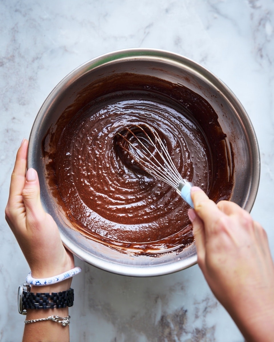 A large silver mixing bowl holds a thick, dark brown chocolate batter that has a smooth and shiny texture. A woman's hand is whisking the batter with a silver whisk with a light blue handle inside the bowl. The other woman's hand is steadying the bowl from the side, wearing a white bracelet with blue text and a black watch. The bowl is placed on a white marbled surface with soft natural lighting. photo taken with an iphone --ar 4:5 --v 7