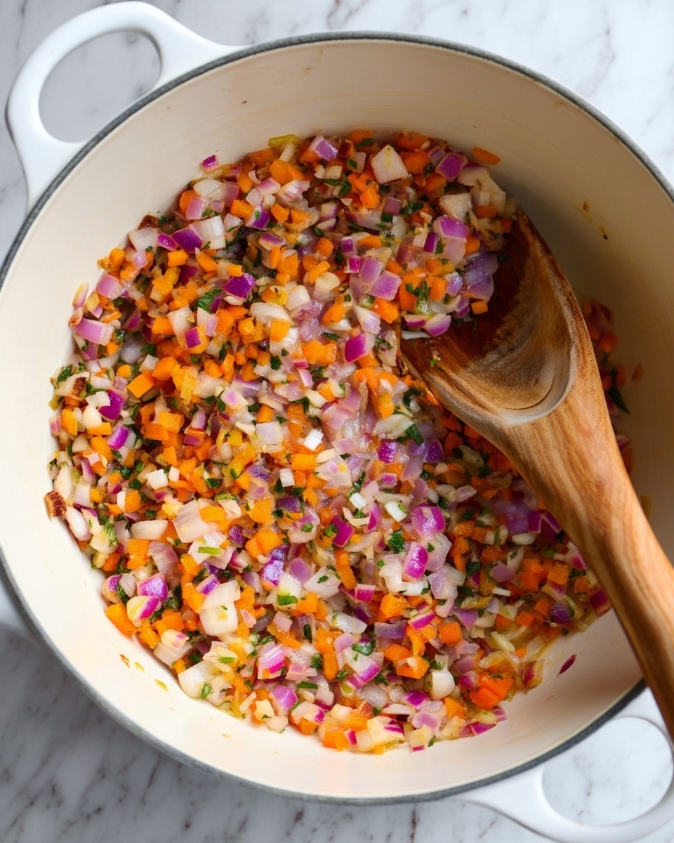 Inside a white pot, there is a mix of small, diced vegetables being cooked. The colors include orange from carrots, purple from red onions, white from regular onions, and bits of green herbs scattered throughout. The vegetables have a slightly soft texture with some light browning. A wooden spoon is resting inside the pot, partially covered by the vegetables as if stirring them. The pot is on a wooden surface with a white marbled texture in the background. photo taken with an iphone --ar 4:5 --v 7