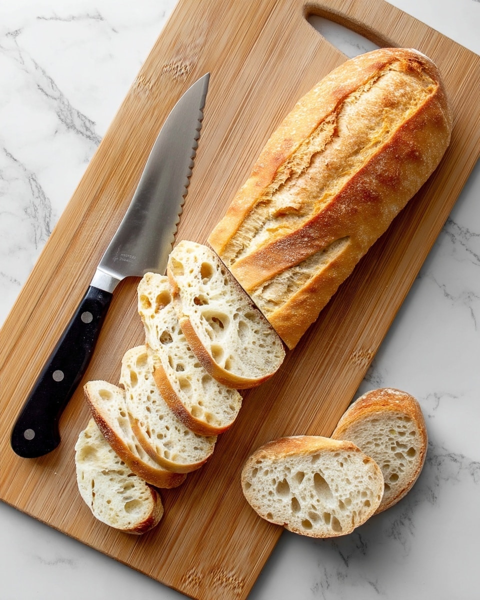 A wooden cutting board sits on a white marbled surface with a long loaf of crusty bread placed on it. The bread is partly sliced into thick oval pieces showing a light, airy crumb with many holes. A large serrated knife with a black handle rests on the board, its blade touching some of the cut bread slices. One slice of bread lies separately on the white marbled background to the right of the board. The crust of the bread is golden and crisp with diagonal slashes on the top. photo taken with an iphone --ar 4:5 --v 7