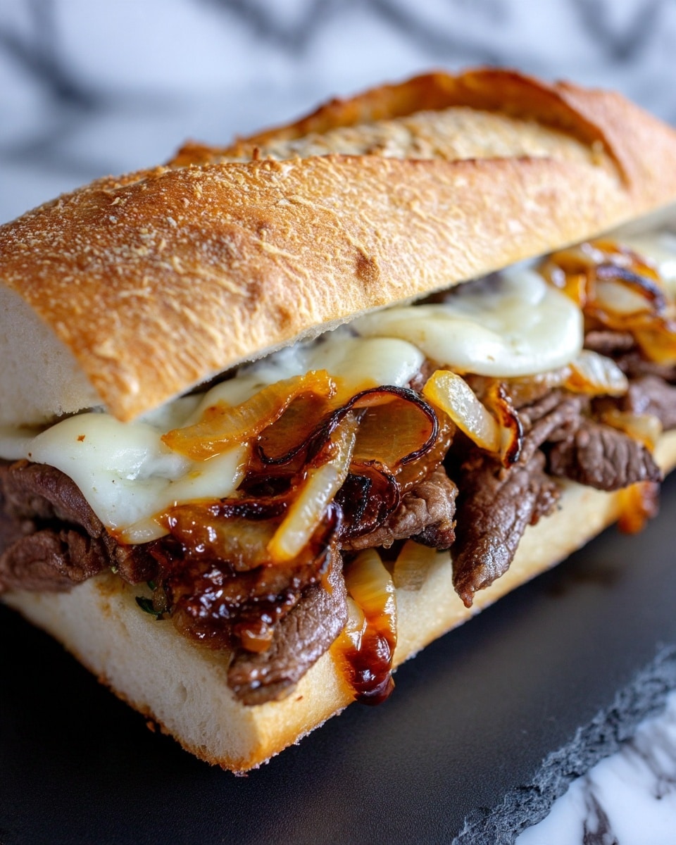 A close-up of a sandwich on a white baguette style bread with a crisp outside layer. The sandwich contains three visible layers: at the bottom, tender strips of cooked beef in a medium brown color, in the middle, caramelized onions with a mix of golden yellow and darker brown edges, and on the top, slices of melted white cheese slightly overlapping the onions. The sandwich sits on a black surface with a blurred white marbled background. photo taken with an iphone --ar 4:5 --v 7