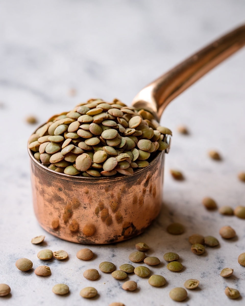 A close-up image of a filled copper measuring cup overflowing with green lentils, resting on a white marbled textured surface. Some lentils are scattered around the base of the cup, creating a natural, slightly messy look. The lentils are smooth and round, with a light greenish-brown color. The handle of the measuring cup extends out of the frame toward the right. The lighting softly highlights the texture and shape of the lentils. photo taken with an iphone --ar 4:5 --v 7