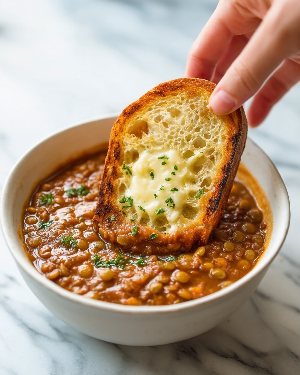 A close-up view of a white shallow bowl filled with thick, brown lentil stew that has a rich, slightly chunky texture with visible lentils and some green herbs sprinkled on top. A toasted slice of bread, golden brown with melted butter in the middle, is held by a woman's hand dipping into the stew, showing the creamy surface and soft crumb of the bread. The bowl sits on a white marbled surface. photo taken with an iphone --ar 4:5 --v 7
