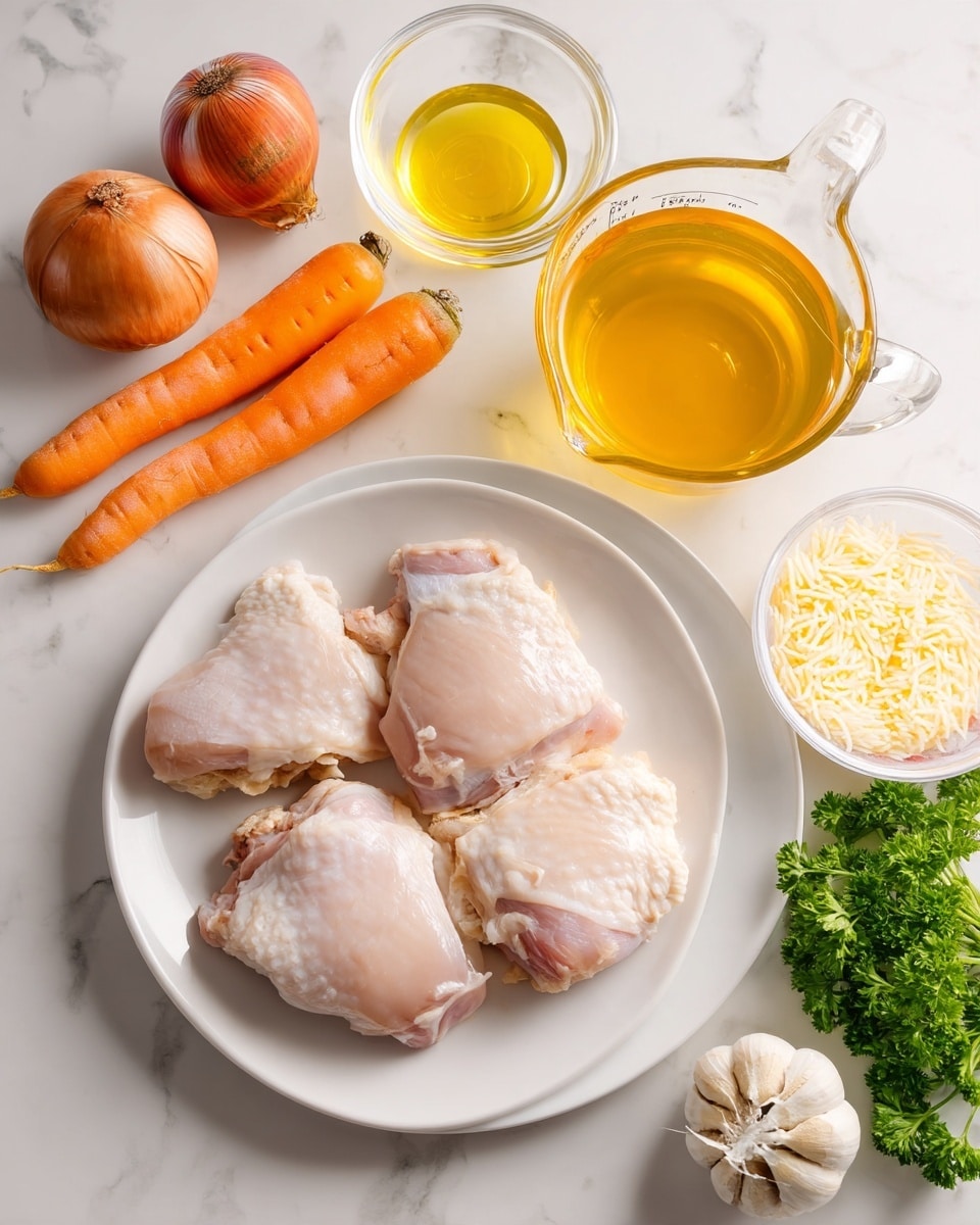 A white plate with four raw chicken thighs that are pale pink and moist sits on a white marbled surface. To the left of the plate, two bright orange carrots and a medium brown onion rest next to a small glass bowl filled with clear yellow oil. Below the chicken plate, a whole white garlic bulb with a papery texture is placed. On the right side, a clear glass bowl holds white uncooked rice with a fluffy texture, next to a smaller white bowl filled with light yellow grated cheese. In front of the rice bowl, there is a large clear glass measuring cup filled with golden yellow broth. A bunch of fresh green parsley adds a touch of color to the top right corner. Photo taken with an iphone --ar 4:5 --v 7