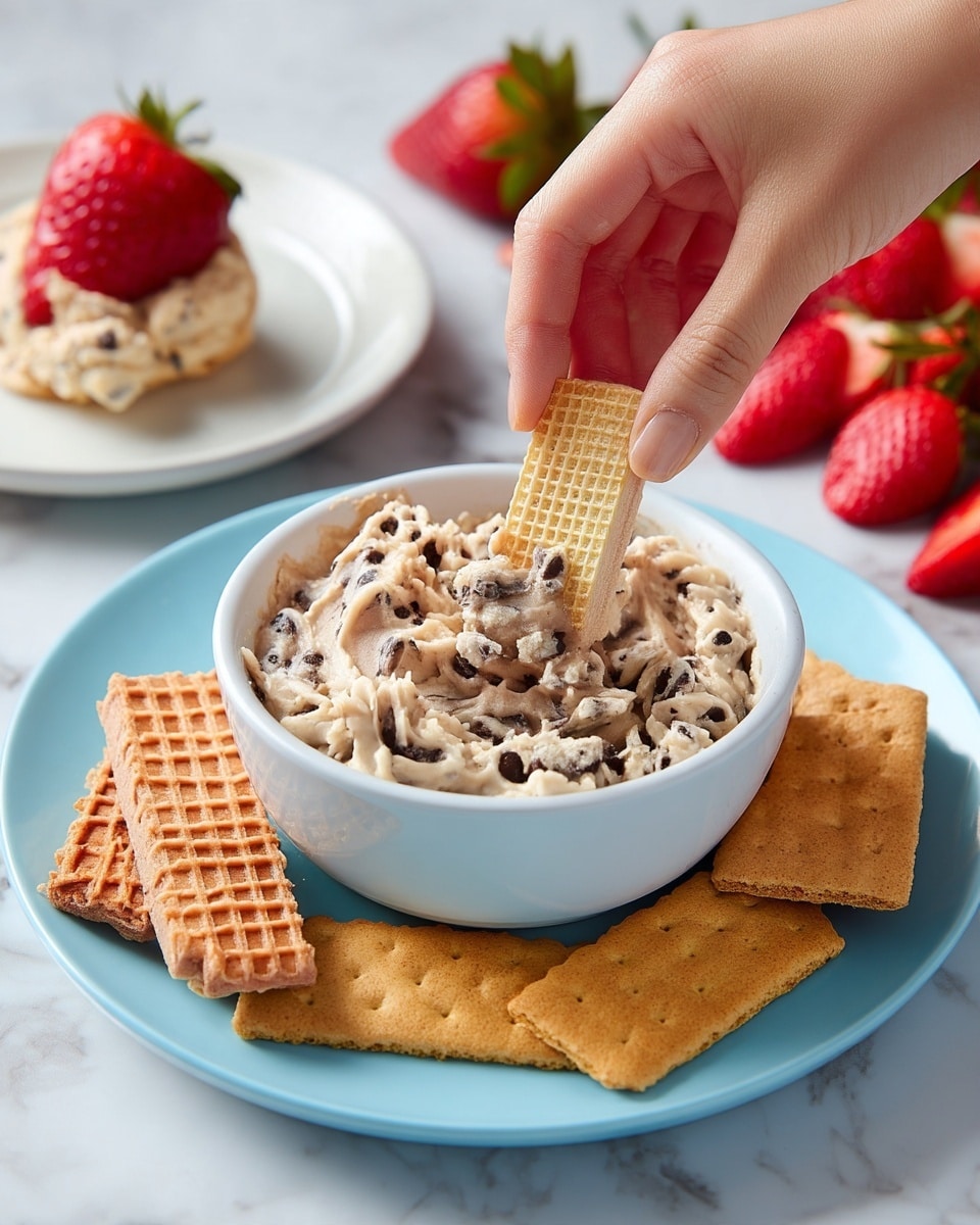 A white bowl filled with creamy, light beige dip mixed with small dark chocolate chunks sits in the center on a white marbled surface. A woman's hand is dipping a rectangular pale yellow wafer cookie with a grid pattern into the dip. In front of the bowl, there are several more rectangular wafer cookies laid out, showing their crisp texture. To the side, there are light brown cookie bars stacked unevenly. In the background, fresh red strawberries with green leaves are arranged, some sliced in half to show their juicy interior. The whole scene is bright, with soft lighting and a warm, inviting feel. photo taken with an iphone --ar 4:5 --v 7