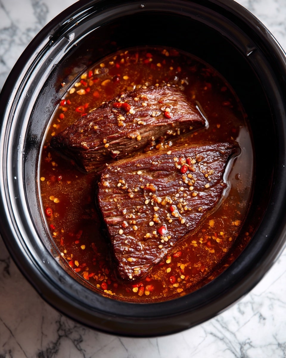Two large pieces of cooked meat sit inside a black slow cooker, covered partially with a thick layer of brown sauce filled with small bits of garlic and red pepper flakes. The meat is dark brown and looks tender, soaked in the sauce around it, which fills the bottom of the cooker. The cooker rests on a white marbled surface. photo taken with an iphone --ar 4:5 --v 7