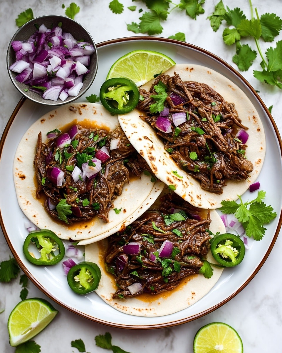 Three soft white tortillas are placed in a circle on a round white plate with a brown rim. Each tortilla holds a thick layer of shredded dark brown meat, topped with small pieces of bright purple onion and green cilantro leaves. Lime wedges with light green flesh are placed around the edges of the plate, with two slices of fresh jalapeño peppers adding a deep green color. To the side, there is a small silver bowl filled with extra purple onion pieces. The plate rests on a white marbled surface with some scattered cilantro leaves and lime pieces. Photo taken with an iphone --ar 4:5 --v 7