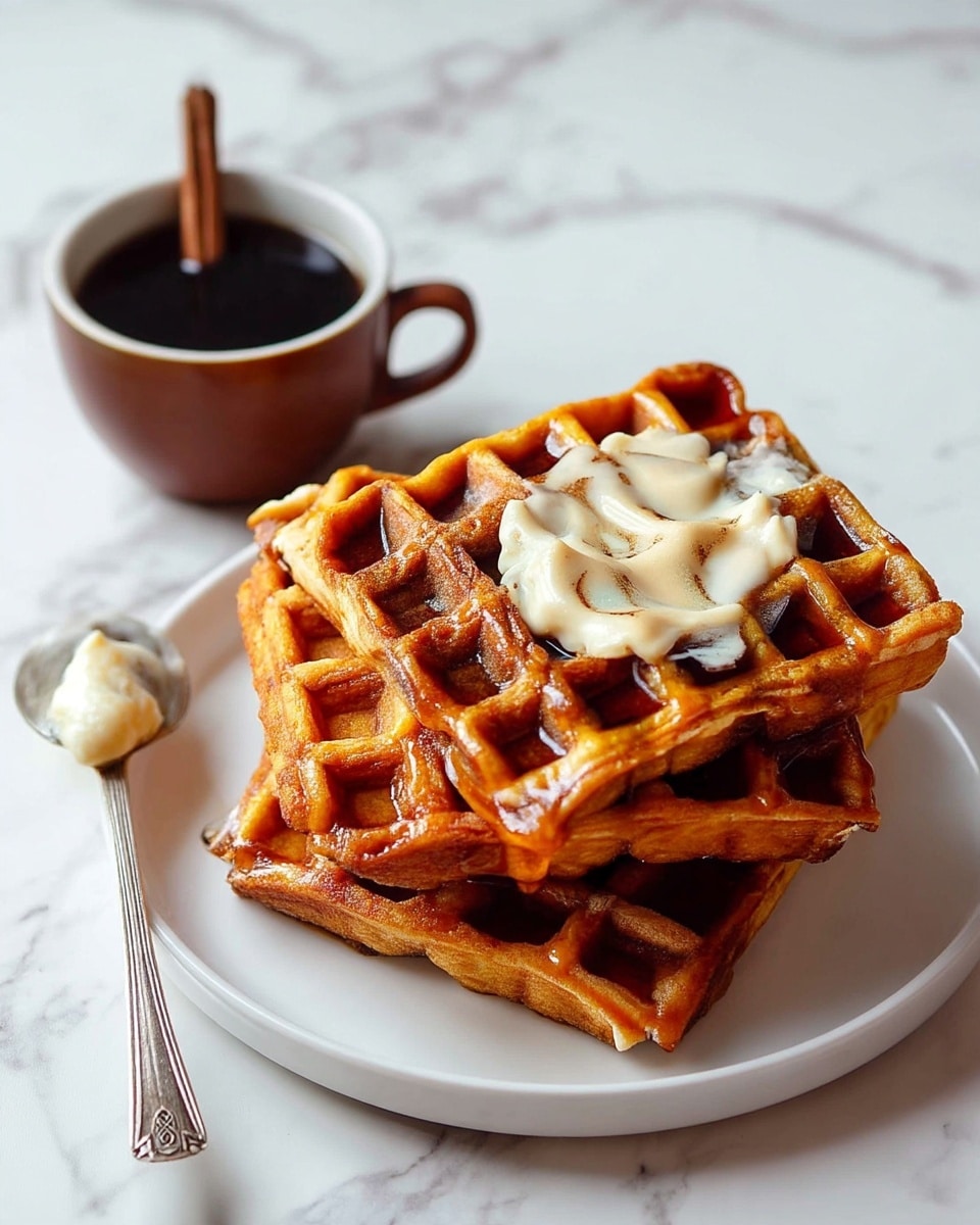 A stack of three golden brown waffles with a crisp texture is placed on a white plate. The top waffle has a dollop of creamy, light beige sauce melting slightly into the waffle's pockets. Next to the plate, there is a small, dark brown cup filled with dark syrup and a cinnamon stick resting on it. In front of the cup lies a spoon with some syrup on it. The background and surface are white marble, creating a clean contrast with the warm colors of the waffles and syrup. photo taken with an iphone --ar 4:5 --v 7