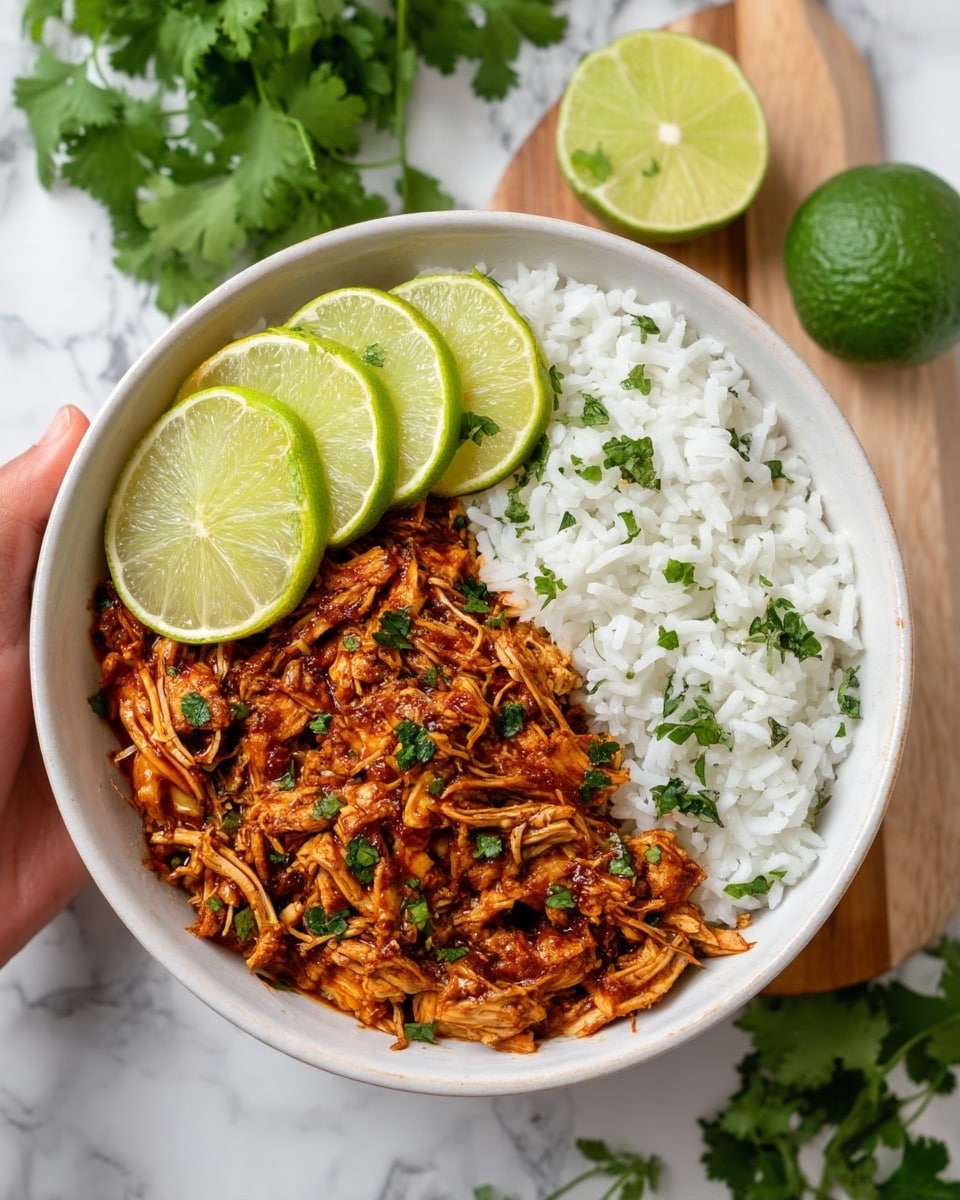 A white bowl filled with two main layers: the bottom layer is white rice with a soft and fluffy texture, and the top layer is shredded brown chicken mixed with reddish sauce and green herb pieces scattered throughout. On one side of the bowl, there are four lime slices neatly placed over the chicken. The bowl sits on a white marbled surface with fresh green cilantro and half a lime on a wooden board in the background, along with a woman's hand partially visible holding the bowl's edge. photo taken with an iphone --ar 4:5 --v 7