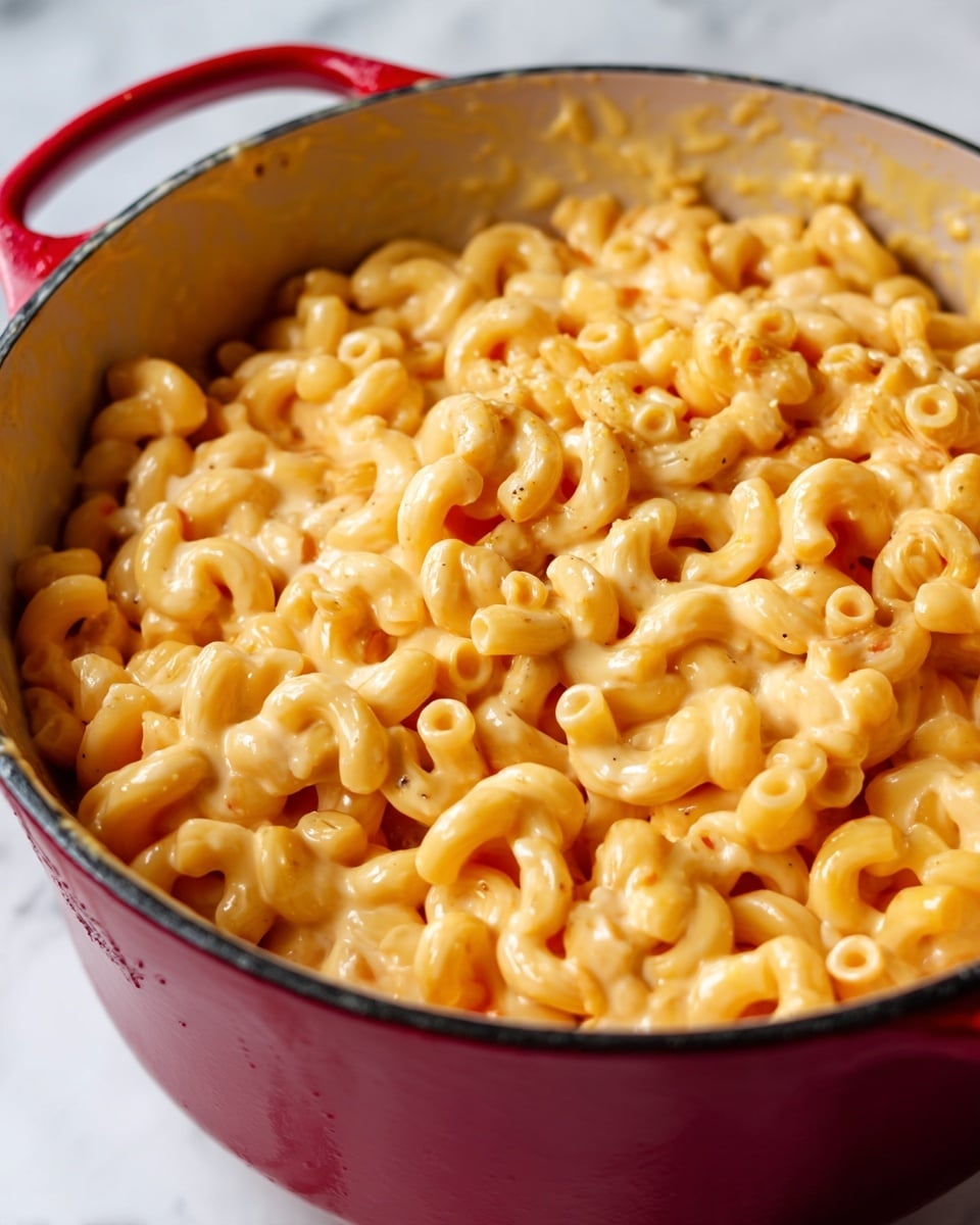 The image shows a close-up of a white dish filled with macaroni and cheese. The top layer is golden brown and slightly crispy, with melted cheese stretching from the dish to a spoon being lifted by a woman's hand. The macaroni underneath is creamy and light yellow with gooey melted cheese strands pulling up. The background is a kitchen setting with a white marbled surface helping the colors of the food stand out clearly. photo taken with an iphone --ar 4:5 --v 7