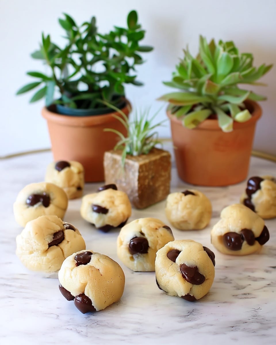 A metal bowl is filled with small, round cookie dough balls that have shiny dark chocolate chips embedded on their surfaces. The dough is light beige with a soft, slightly cracked texture, and the chocolate chips create dark spots on each ball. The bowl rests on a white marbled surface and has handles on each side. The overall look is warm and inviting, with the cookie dough balls piled on top of each other. photo taken with an iphone --ar 4:5 --v 7