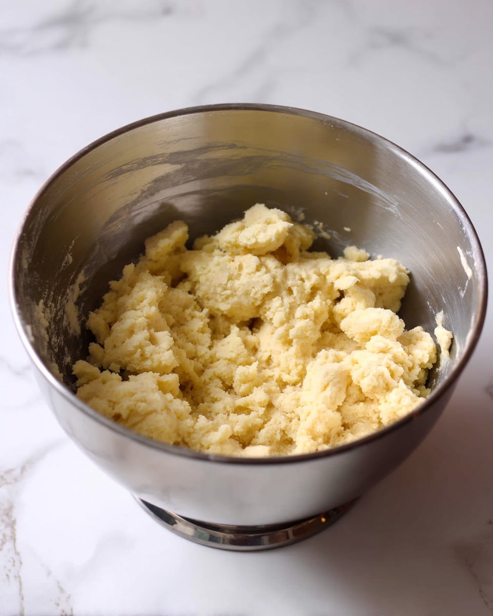 A close-up view of a shiny silver mixing bowl on a white marbled surface, filled with pale yellow dough that looks crumbly and soft. The dough is unevenly textured in small clumps all gathered inside the bowl. The inside of the bowl shows some smudges of dough stuck along the sides, and no other items are visible in the image. Photo taken with an iphone --ar 4:5 --v 7