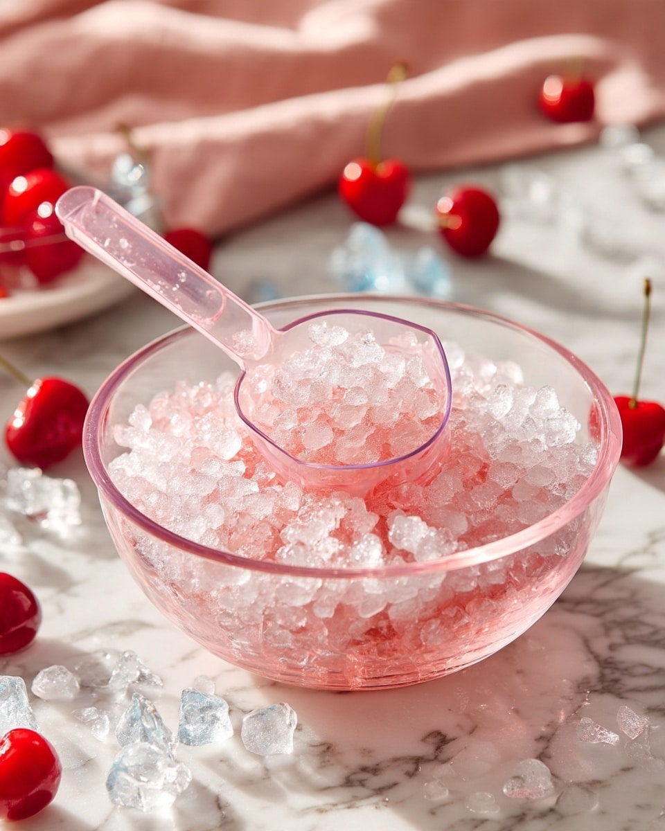 A clear plastic ladle holding small, crushed ice over a large transparent bowl filled with crushed ice soaked in a light pink liquid, resting on a white marbled surface with out-of-focus red cherries and a pink cloth in the background, creating a fresh and cool scene. photo taken with an iphone --ar 4:5 --v 7