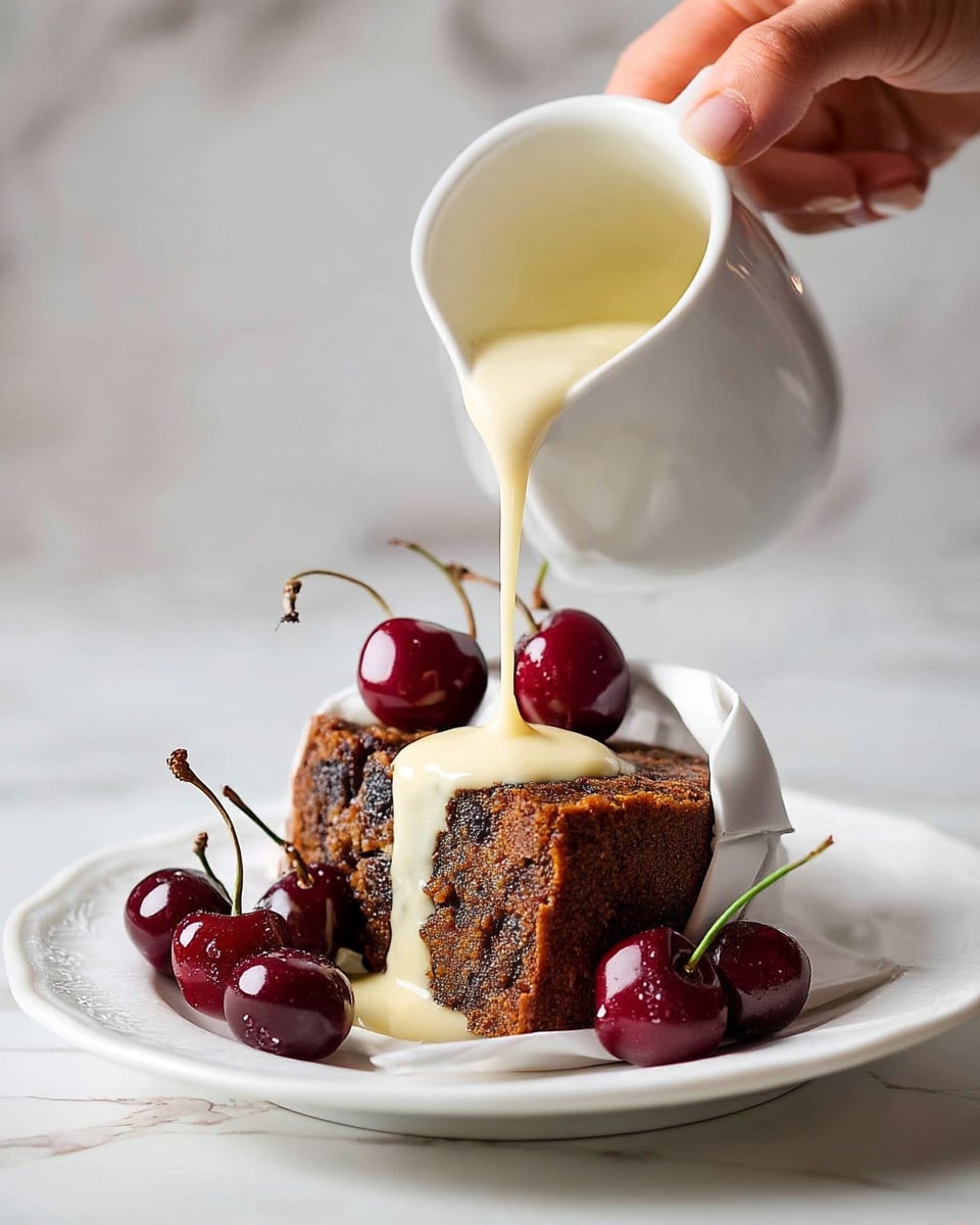 A slice of dark brown cake with a rough texture is placed on a white plate. The cake slice is wrapped partially in white paper around the base. A pale cream sauce is being poured over the top of the cake from a white jug held by a woman's hand, flowing down in smooth streams. Several fresh, dark red cherries with green stems are scattered on and around the cake on the plate. The background is a white marbled surface. photo taken with an iphone --ar 4:5 --v 7