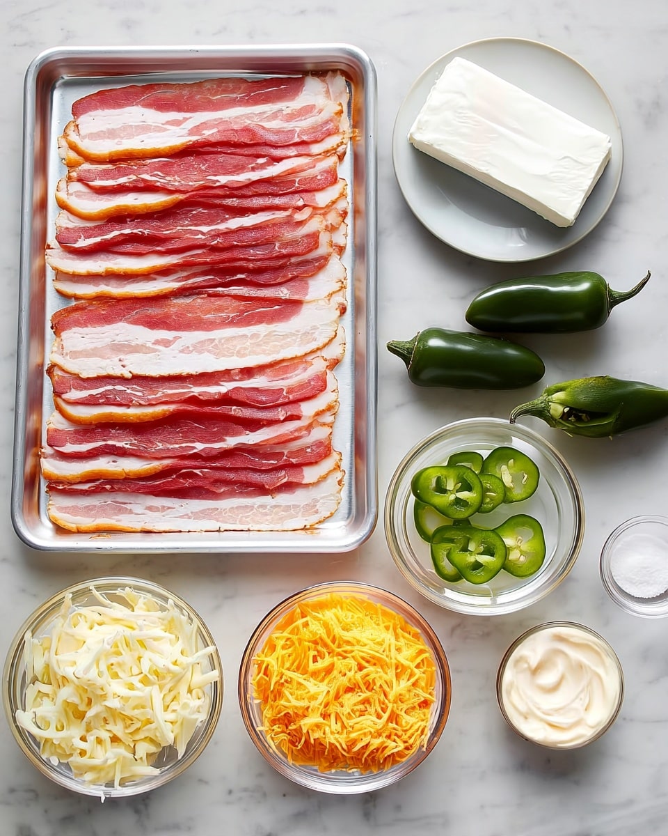 The image shows raw thin slices of bacon neatly arranged in two rows on a silver tray on the left side, with visible layers of pink meat and white fat. To the right, there is a small white plate holding a block of cream cheese. Below the plate, two whole green jalapeño peppers sit next to three slices of jalapeño with visible seeds. Further down, there are two clear glass bowls filled with shredded cheese; the one on the left contains orange cheddar cheese and the one on the right holds white mozzarella cheese. Next to these bowls are four small clear containers, including sour cream, a white creamy ingredient, salt, and a light brown seasoning. All these items are placed on a white marbled surface. Photo taken with an iphone --ar 4:5 --v 7