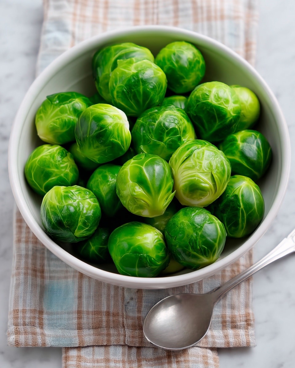 A white bowl filled with whole bright green Brussels sprouts, showing detailed leafy textures with a mix of darker and lighter green shades, placed on a light checkered cloth on top of a white marbled surface. Next to the bowl is a silver spoon with a smooth, shiny surface, adding a simple and clean touch to the setting. photo taken with an iphone --ar 4:5 --v 7