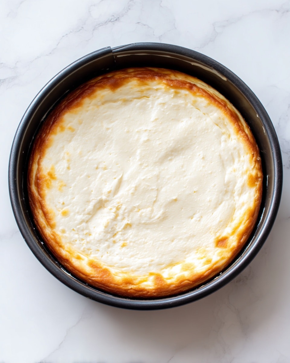 A single-layer cheesecake that is creamy white in color with a smooth and slightly browned top surface, sitting inside a round black pan. The edges have a light golden tint, and the texture appears soft and dense without any visible cracks or decorations. The image is set against a white marbled background. photo taken with an iphone --ar 4:5 --v 7