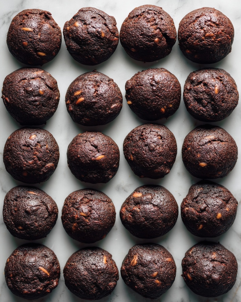 Multiple dark brown, almost black, round cookies with a slightly rough texture and lighter brown spots are arranged neatly in rows on a white marbled surface. Each cookie is thick and has a dense appearance with small visible chunks embedded in the dough. The cookies are positioned close to each other, creating a grid-like pattern that fills the entire image. Photo taken with an iphone --ar 4:5 --v 7