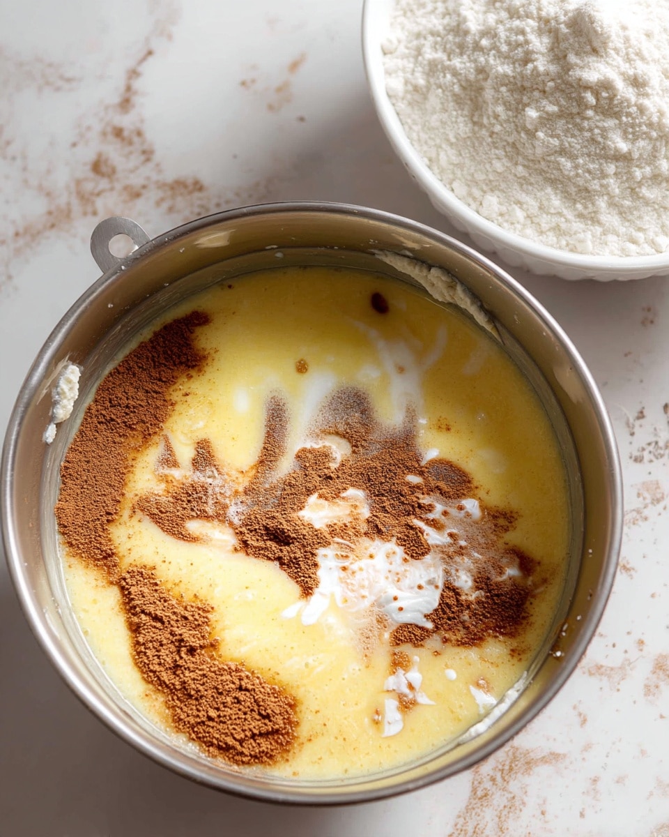 A top view of a metal mixing bowl filled with a smooth, light yellow batter that has a splash of white liquid and a brown powder sprinkled on top, creating a marbled effect in the center. The bowl is placed on a white marbled surface with some scattered brown specks. In the background, a white bowl containing fine white flour is partially visible. photo taken with an iphone --ar 4:5 --v 7
