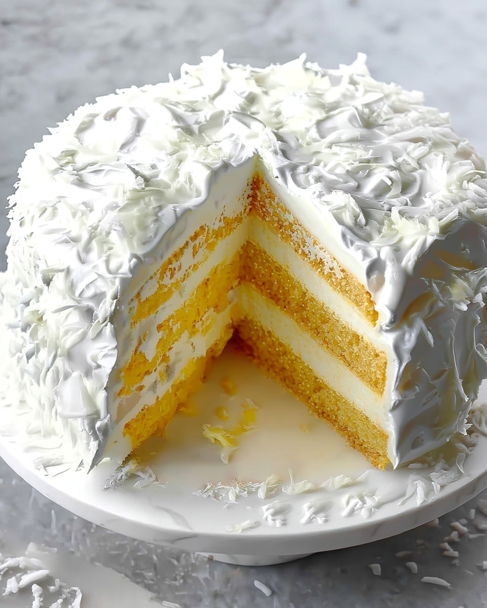 The image shows a white round cake on a white round plate with three thick layers of yellow sponge cake, each separated by a creamy white frosting layer. The outside of the cake is fully covered in smooth white frosting with a slightly textured top and edges, topped with white shredded coconut flakes spread evenly over the surface. A large slice is missing, revealing the neat layers inside. The plate rests on a white marbled surface. photo taken with an iphone --ar 4:5 --v 7