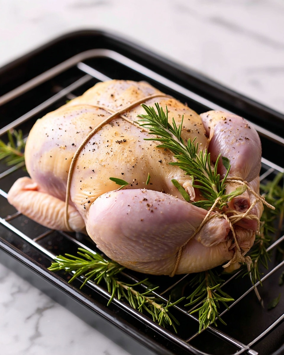 A raw whole chicken with pale pink and white skin, tied with light brown string around the middle, resting on metal grill racks inside a black roasting pan. Small flecks of black pepper and herbs are sprinkled lightly on the chicken skin. Fresh green rosemary sprigs sit beneath the chicken on the rack. The background features a white marbled surface. Photo taken with an iphone --ar 4:5 --v 7