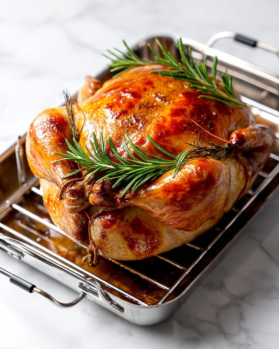 A whole roasted chicken with golden brown, crispy skin sits on a silver metal roasting rack. The chicken is tied with twine and garnished with fresh green rosemary sprigs placed across its top. The surface below the rack has a smooth white marbled texture with soft lighting highlighting the chicken’s shiny, cooked texture, showing slight bubbling of the skin. Photo taken with an iphone --ar 4:5 --v 7