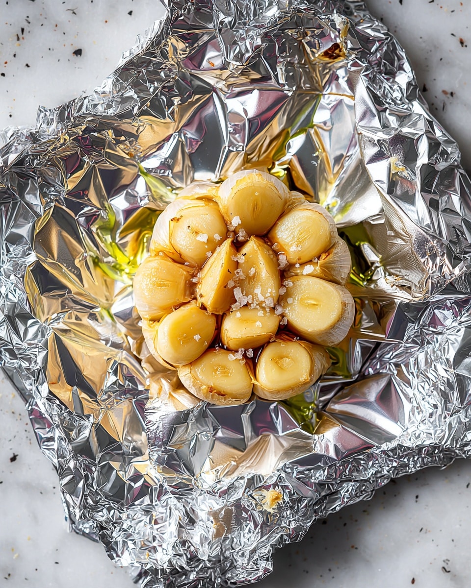 A whole bulb of roasted garlic is placed in the middle of a crumpled square of shiny aluminum foil, revealing its soft, golden-yellow cloves arranged in a round cluster with a few cloves slightly separated. The foil catches light and reflects bright highlights, covering a white marbled surface beneath. The garlic's texture shows a mix of smooth and slightly wrinkled cloves with a glossy finish, and there are a few salt flakes sprinkled on top. photo taken with an iphone --ar 4:5 --v 7