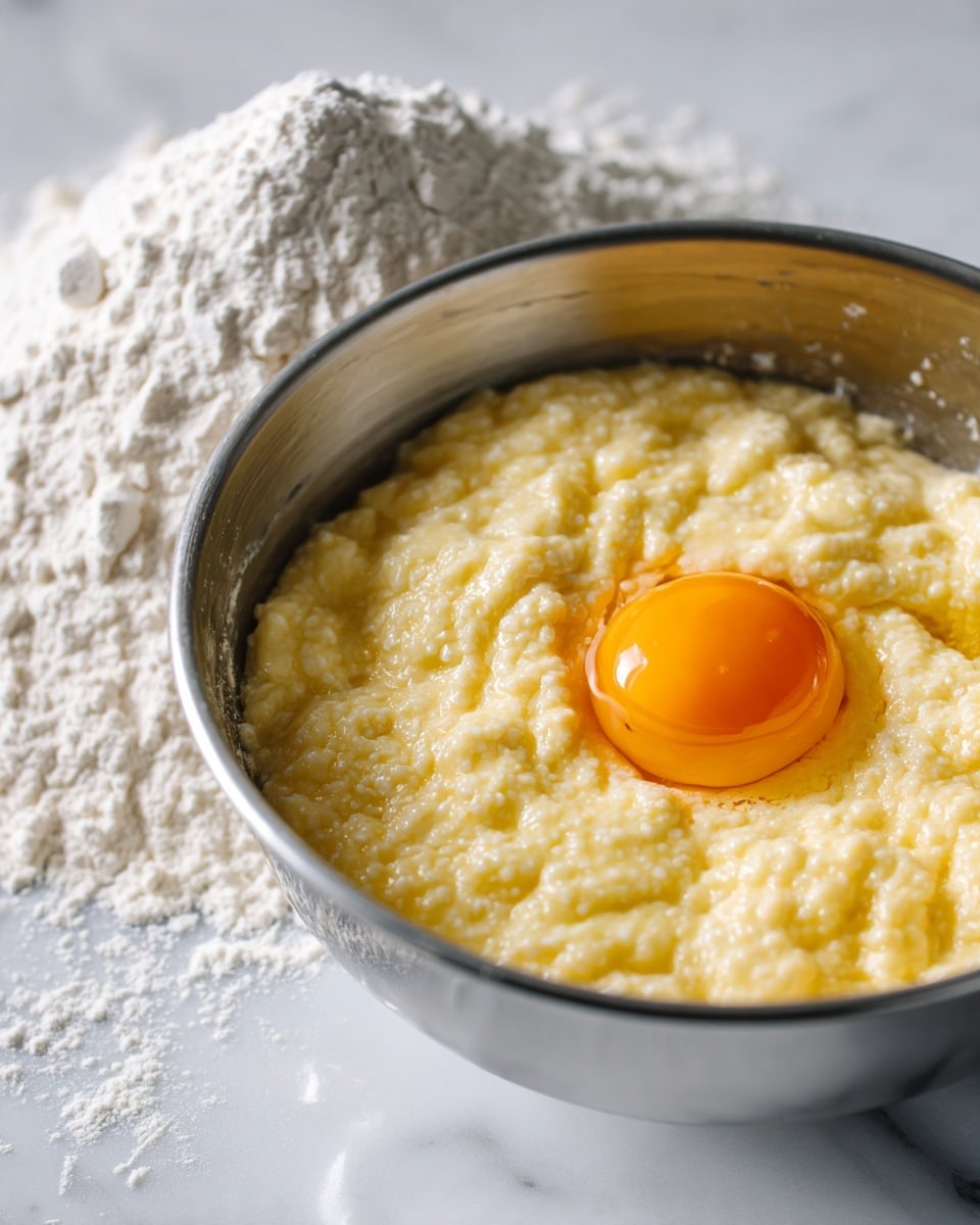 A close-up image shows a shiny metal mixing bowl filled with a mixture of creamy, pale yellow batter that has a grainy texture. In the center, an unbroken raw egg yolk of bright orange color rests on top of the batter. Next to the bowl, some white flour is spread loosely on a white marbled surface, with part of a metal measuring cup filled with the flour visible. The whole scene is brightly lit, emphasizing the soft, rough texture of the batter and the smooth, shiny yolk. photo taken with an iphone --ar 4:5 --v 7