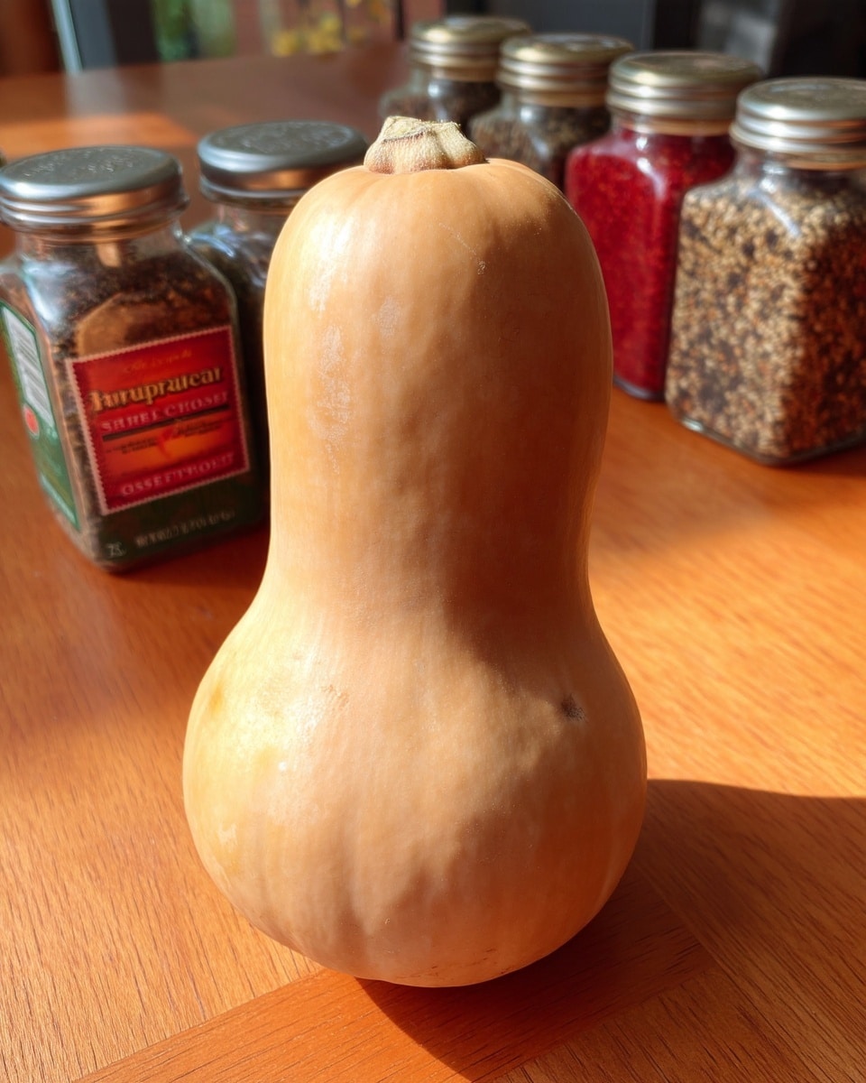 The image shows a single whole butternut squash placed on a wooden table with red pepper and seasoning jars in the background. The butternut squash has a smooth, light tan skin, bulbous bottom, and a narrower neck. The lighting highlights the texture and natural imperfections of the squash's skin. photo taken with an iphone --ar 4:5 --v 7