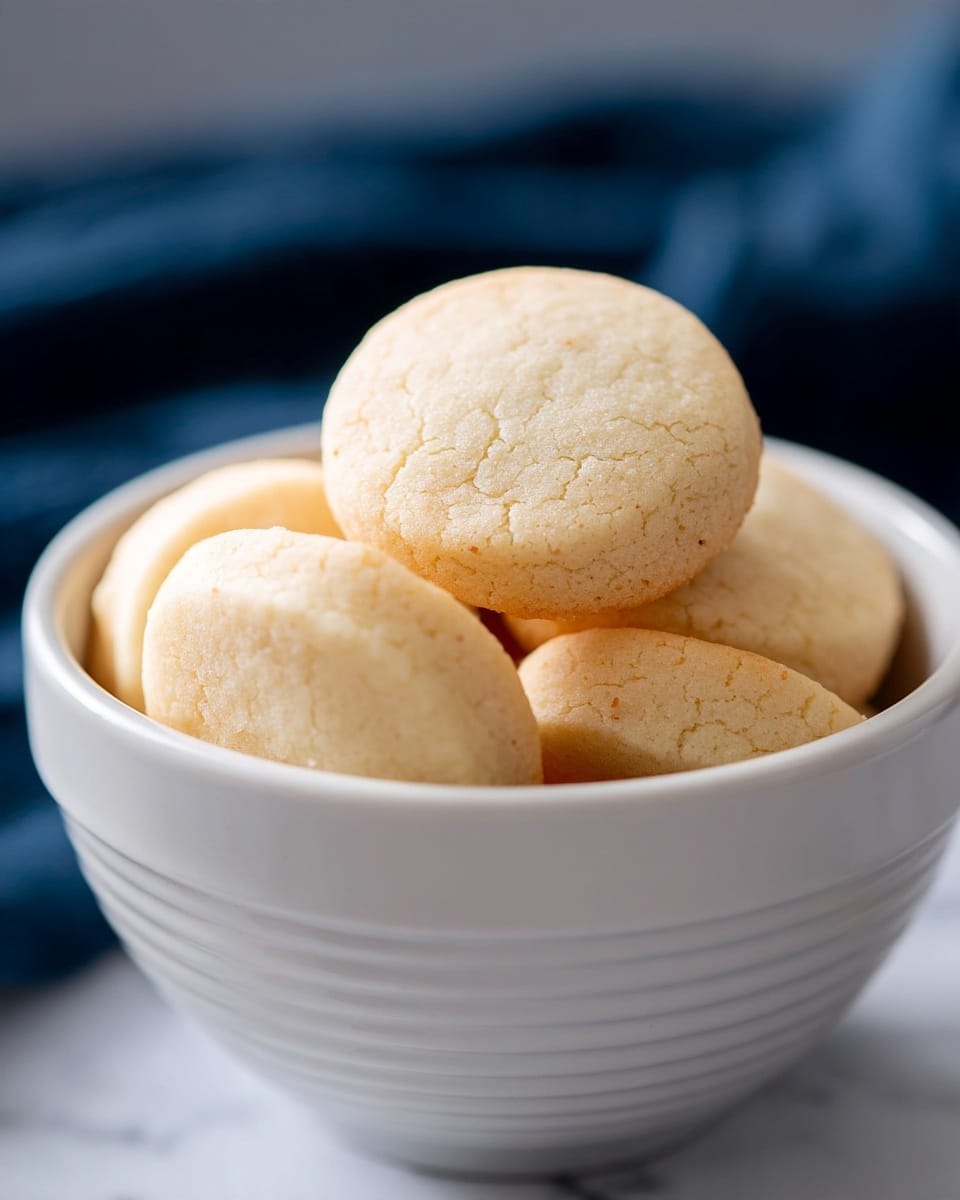 The image shows a close-up of several small round cookies with a smooth, light beige color and soft texture. They are stacked inside a white bowl with a subtle ribbed pattern around its side, placed on a white marbled surface. The background is blurred with hints of a dark blue cloth, creating a soft contrast with the light cookies and bowl. The focus is on the front cookie, capturing its clean edges and fine texture, with other cookies slightly out of focus behind it. photo taken with an iphone --ar 4:5 --v 7