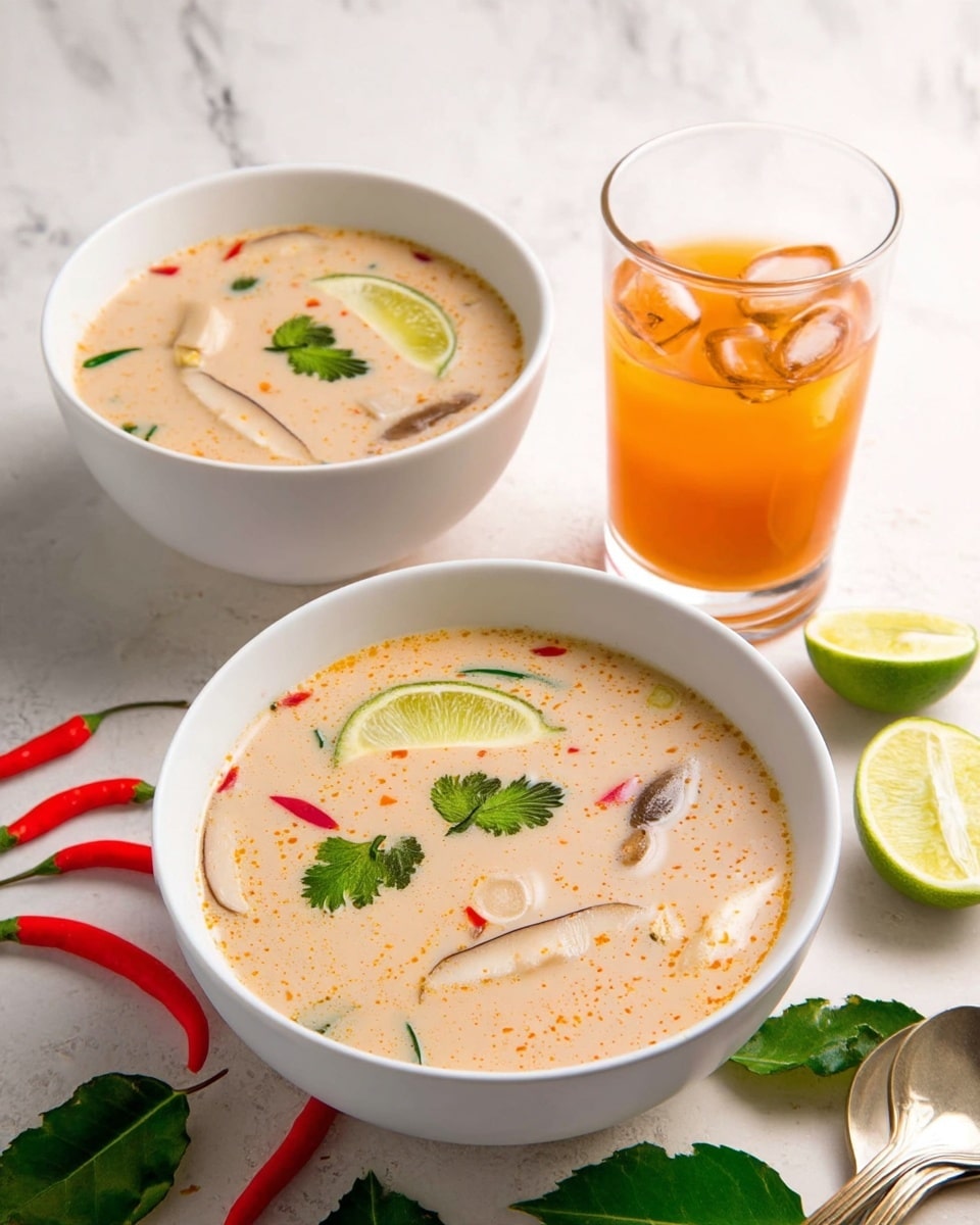 A white bowl filled with a creamy light orange soup base that has small specks of red spices spread evenly throughout. Inside the soup, there are several pieces of light beige sliced mushrooms, small chunks of pale cooked chicken, thin green onion slices, bright green cilantro leaves, and a wedge of fresh lime resting on the surface. The bowl sits on a white marbled surface with two metal spoons placed nearby and some lime wedges partially visible around the bowl. Photo taken with an iphone --ar 4:5 --v 7