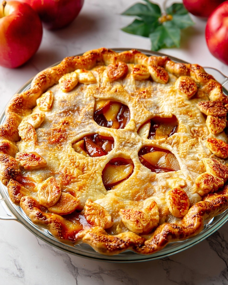 A golden brown apple pie with a crimped edge crust sits in a clear glass pie dish. The top layer is a baked pie crust sprinkled with coarse sugar, featuring small leaf-shaped dough decorations arranged around the edge. Four oval openings in the center reveal a glossy, caramelized apple filling with a rich amber color. The pie is placed on a white marbled surface, with red apples and a slice of apple in the background. photo taken with an iphone --ar 4:5 --v 7