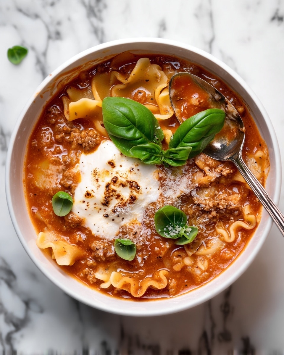 A white bowl filled with three main layers: at the bottom is a red tomato-based sauce with visible small pieces of cooked ground meat and pasta noodles curled around the edge, in the middle there is a melted white cheese layer that looks stretchy and creamy, and on top there are green chopped herbs scattered with some small red flakes. The bowl sits on a white marbled surface with some crumbs around it. photo taken with an iphone --ar 4:5 --v 7